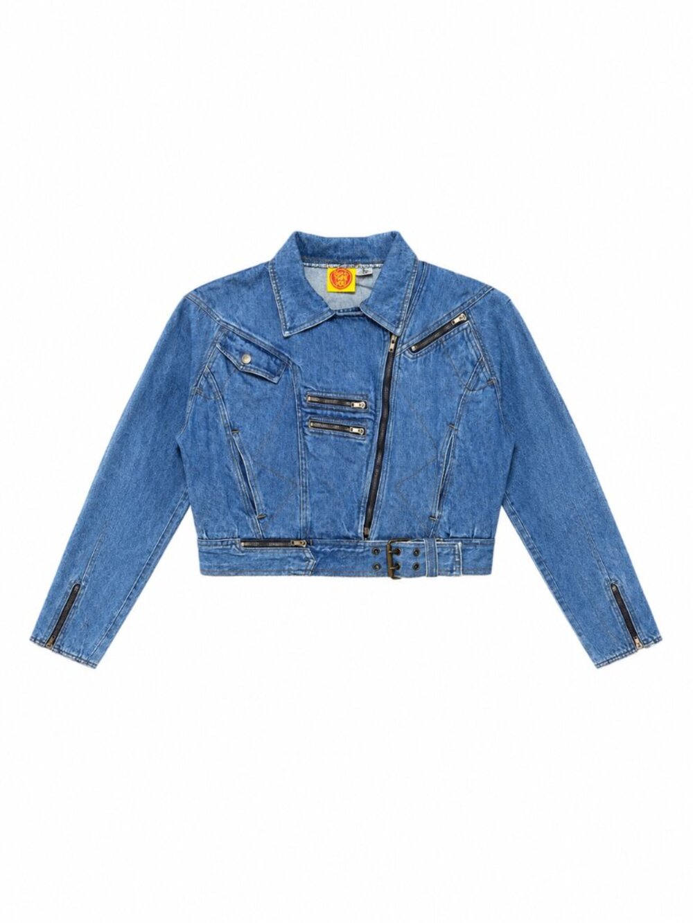 Rare Vintage 80s Cropped Denim Moto Jacket Belted Biker Women's Small